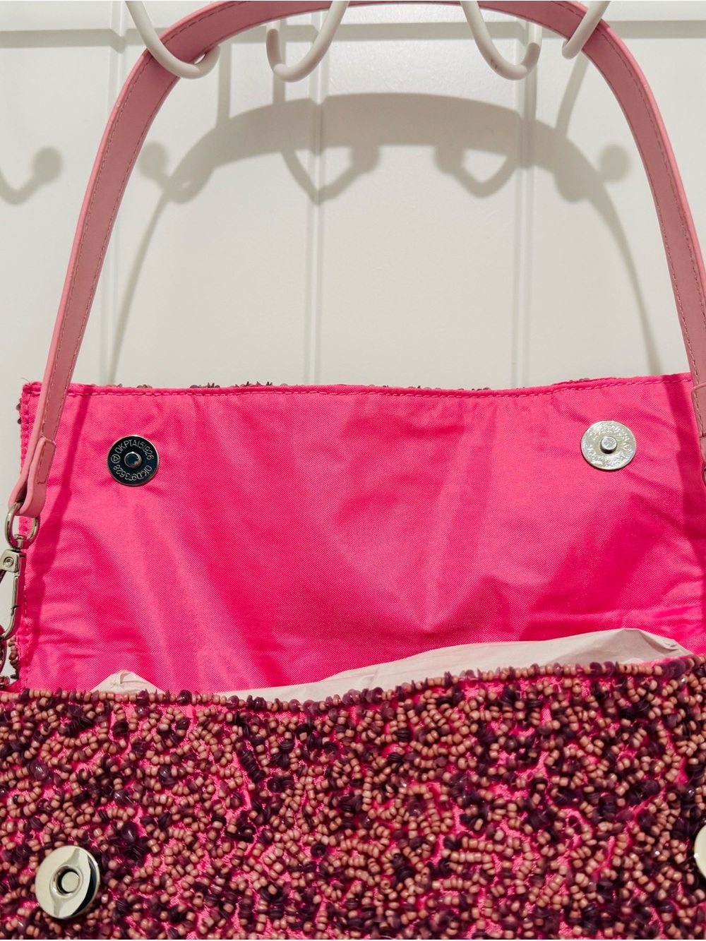 NWT Handmade in India Pink Floral Beaded Shoulder Bag with Detachable Charm - Picture 11 of 16